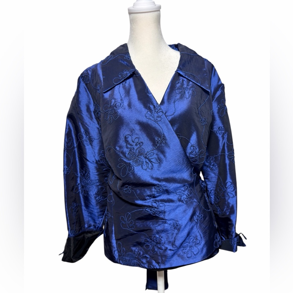 J.R. Nites Blue Satin Wrap-Style Jacket Top Belted Floral Embroidery 18W USA